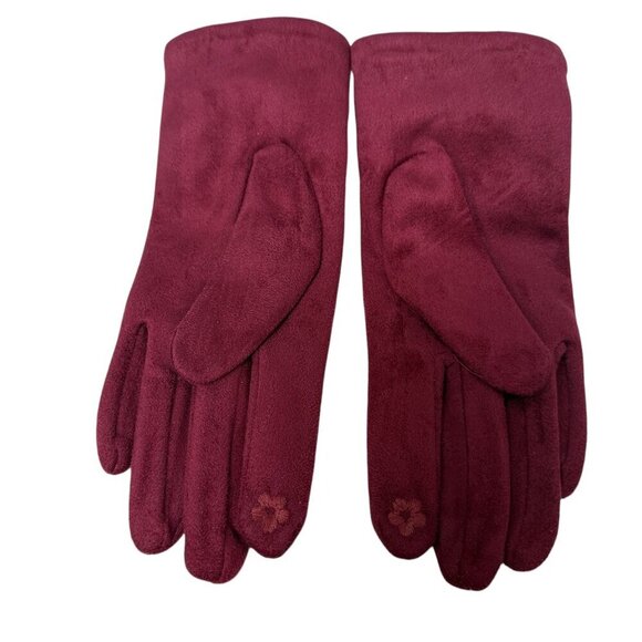 Womens Red Gloves Stretch Faux Suede with Fur Pompoms One Size - Picture 2 of 8